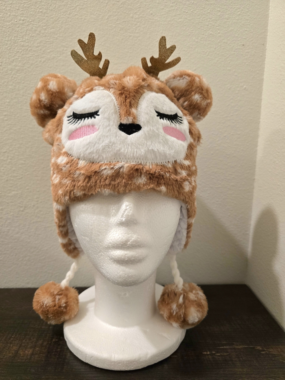 Girls Plush Deer Reindeer Trapper Hat Brown Antlers Pom Pom Winter Toddler